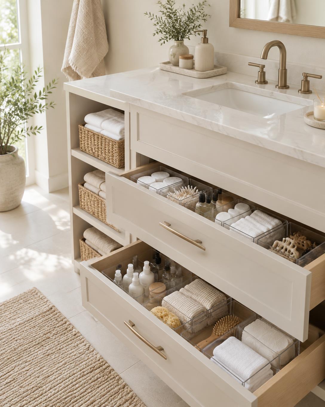 Bathroom vanity with neatly organised drawers and trays
