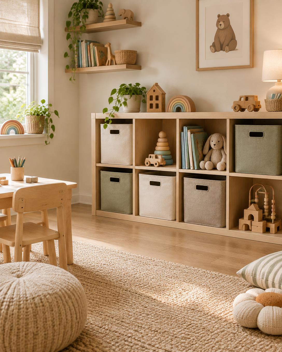 Kids' room with tidy toy baskets and shelves