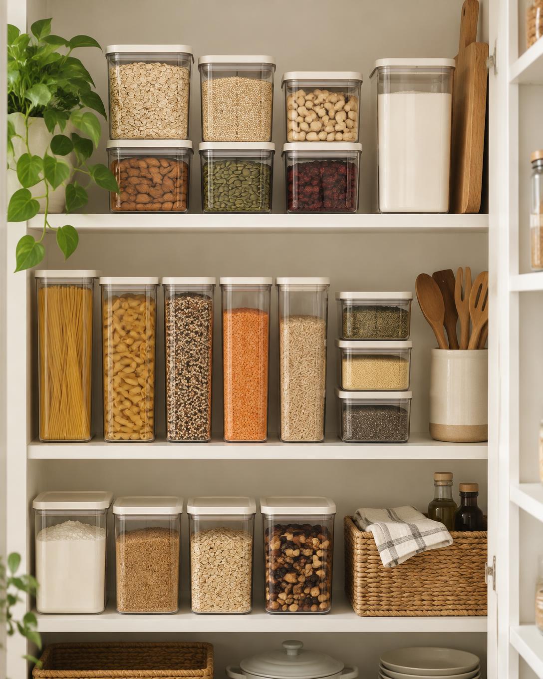 Pantry shelves with clear labelled containers and jars