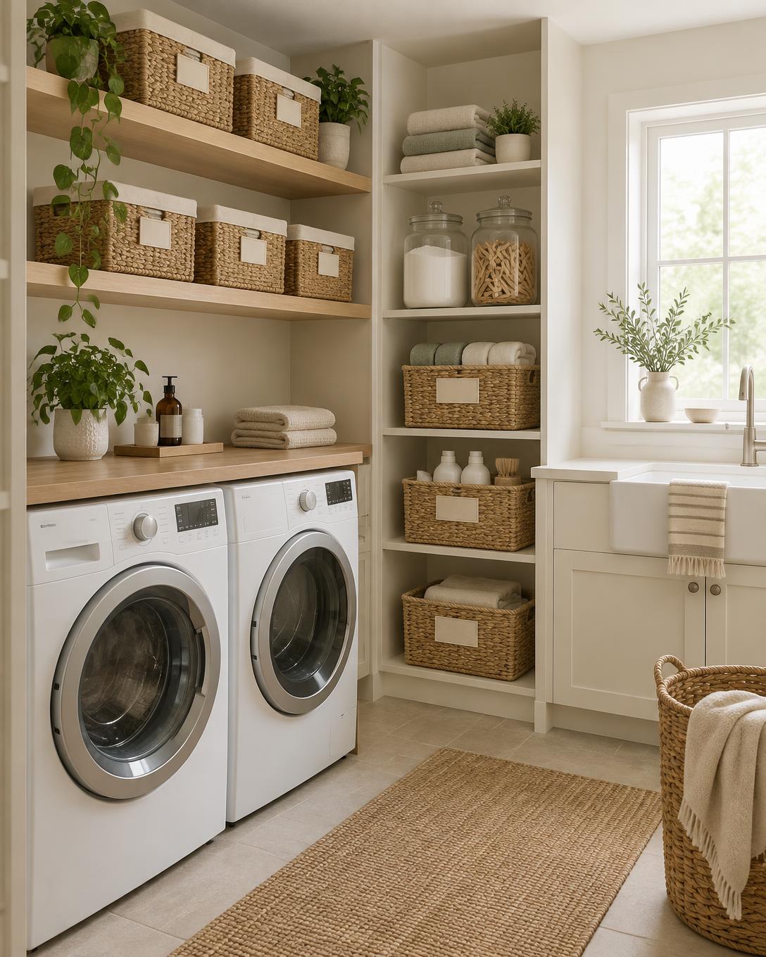 Laundry shelves with baskets and sorted supplies