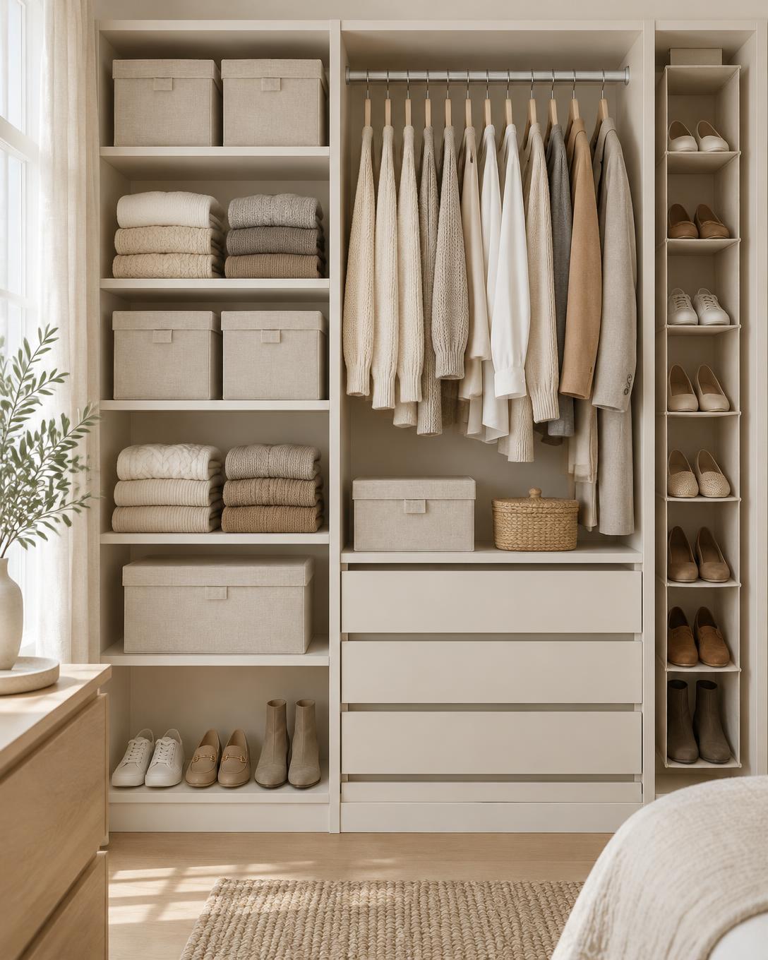 Wardrobe with folded clothes and matching storage boxes