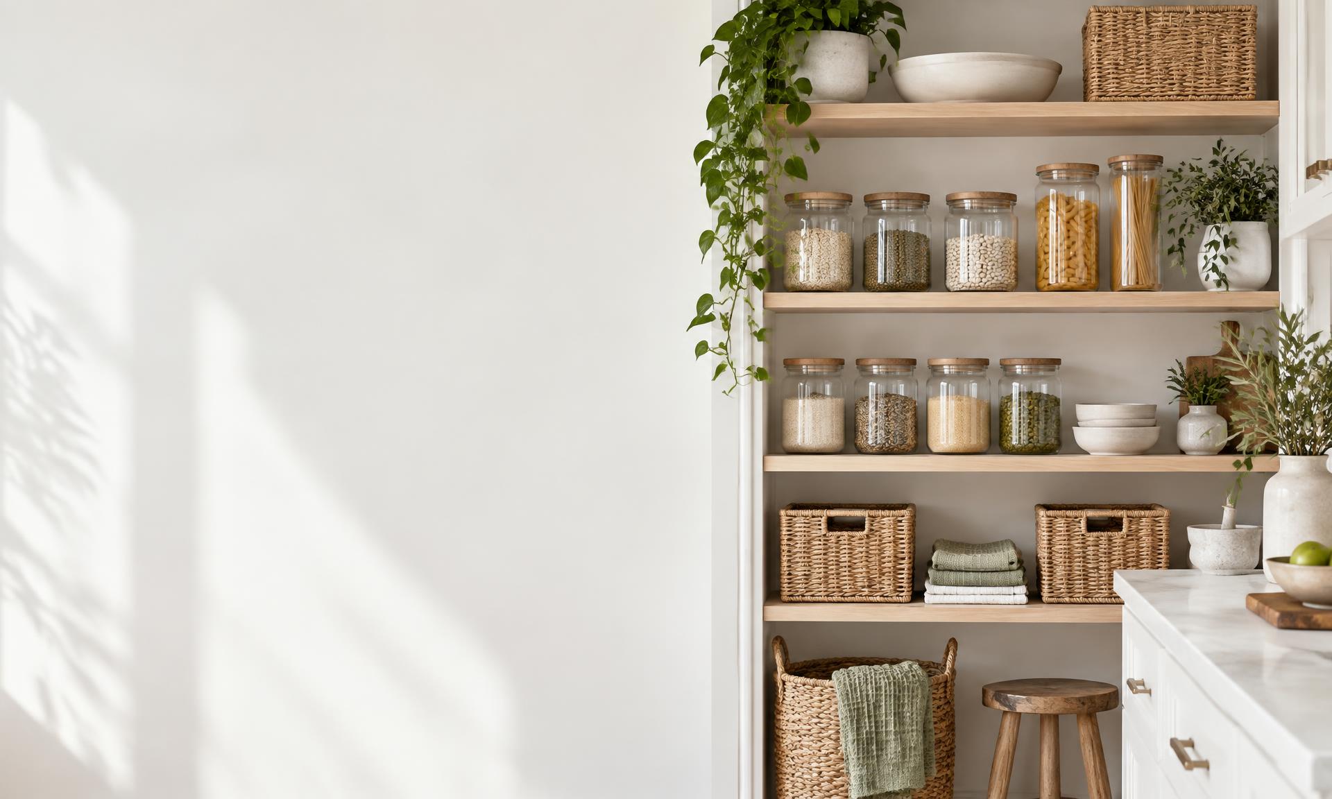 Sunlit pantry with neatly arranged glass jars, woven baskets and folded linens